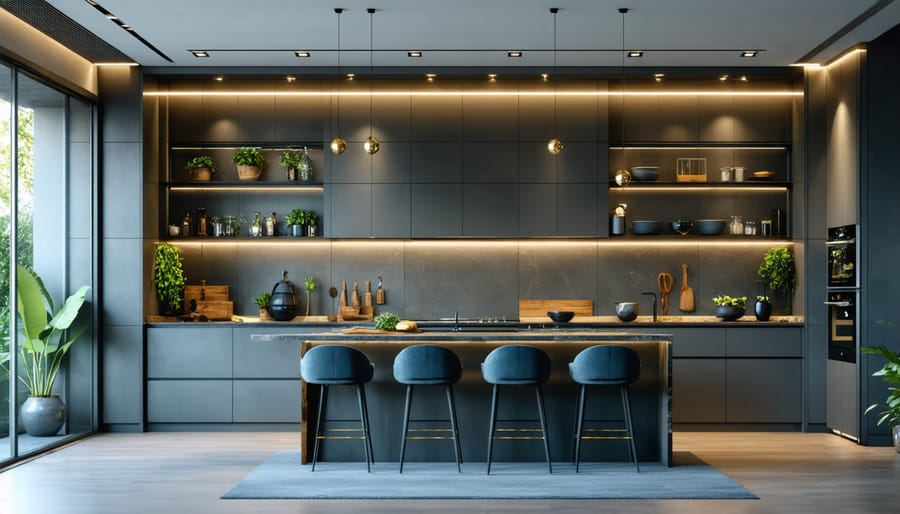 Contemporary kitchen showcasing multiple integrated LED lighting solutions in practical use