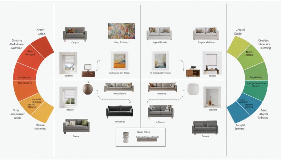 Interior design color wheel showing harmonious color combinations in room examples