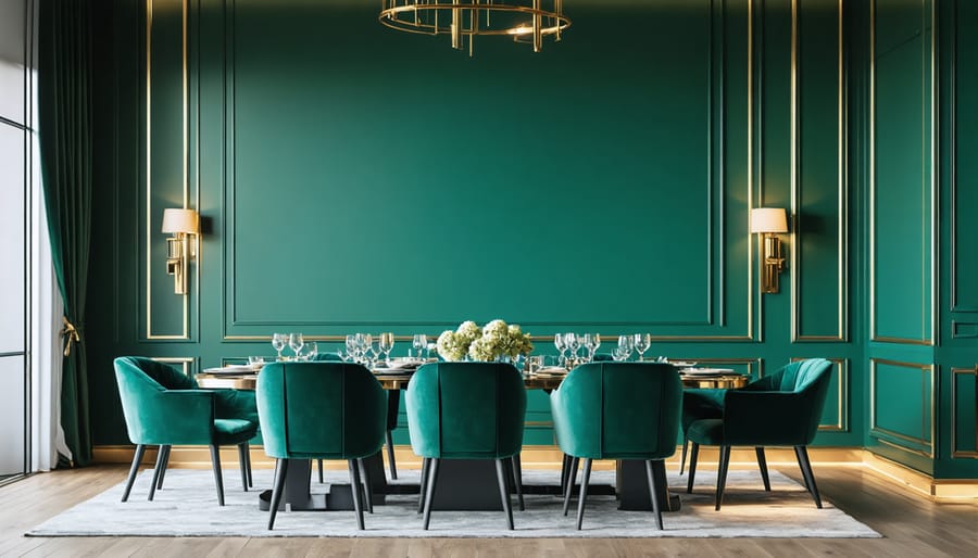 Elegant dining room with jewel-toned emerald wall highlighting modern decor elements