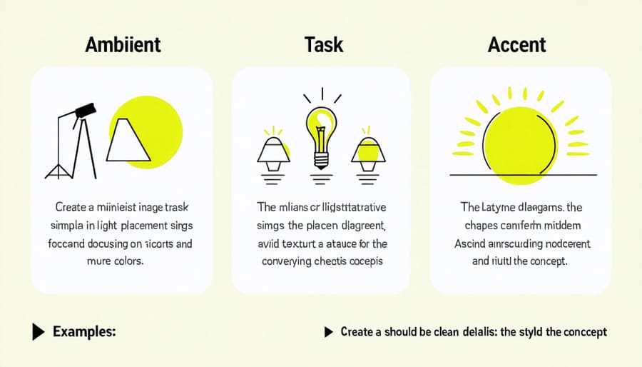 Diagram illustrating ambient, task, and accent lighting types and their applications