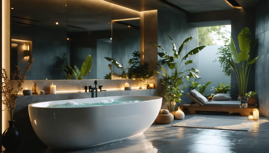 High-end bathroom with mood lighting and wellness features resembling a luxury spa