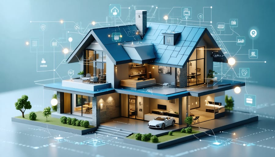 Digital representation of a smart home mesh security network with connected devices