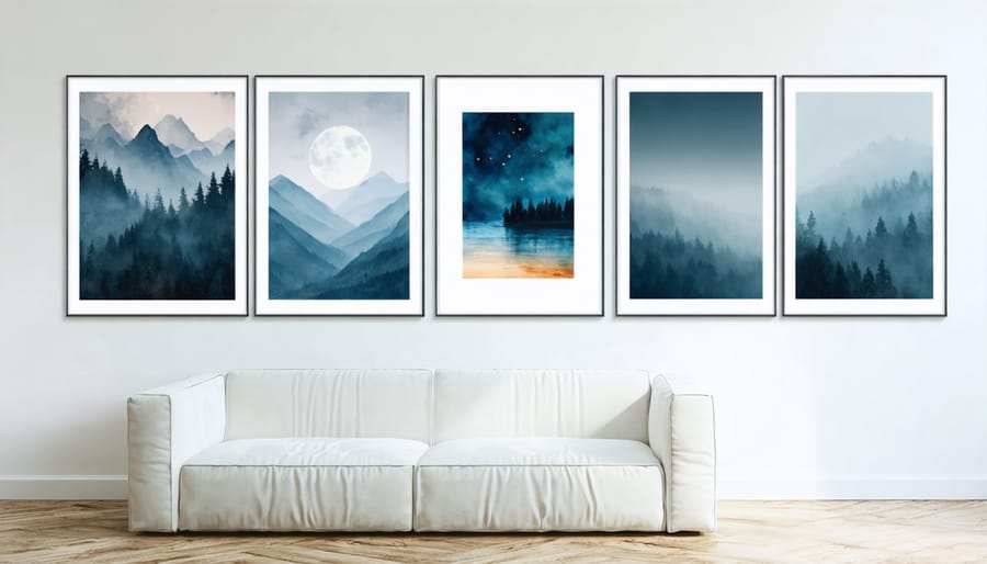 Eclectic gallery wall displaying mix of photography, paintings, and prints in various frame styles