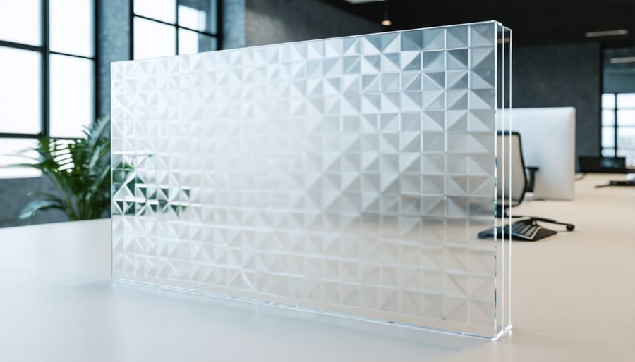 Sleek acrylic desk divider installed in a contemporary office setting