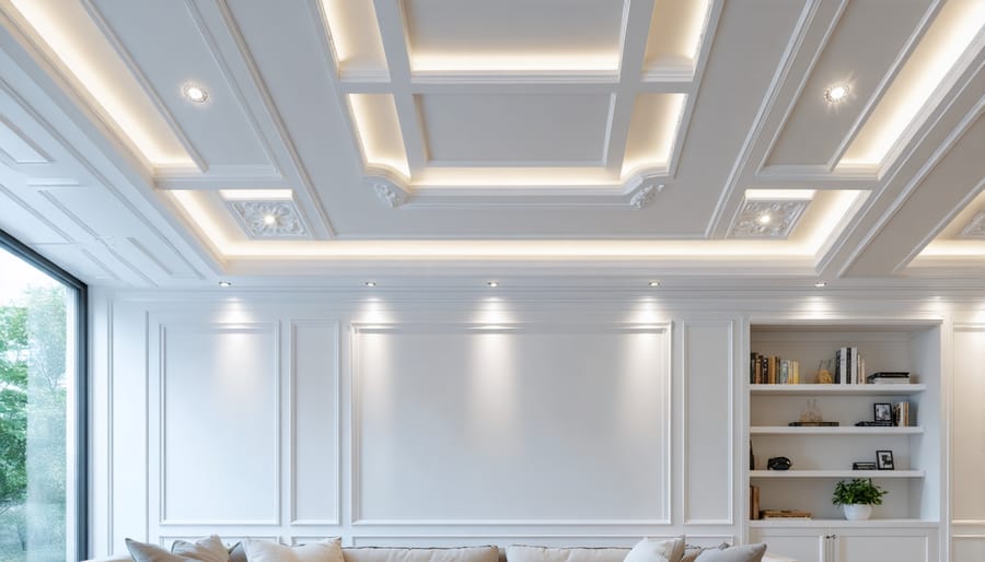 Luxury white coffered ceiling with detailed geometric patterns and integrated lighting