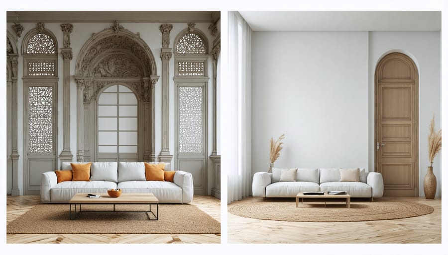 Living room featuring modern sofa and sleek lighting contrasting with Victorian moldings and a crystal chandelier