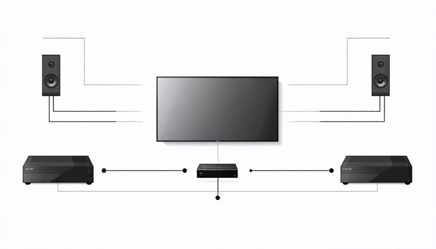 Illustrated layout of a whole-home audio system with voice control integration