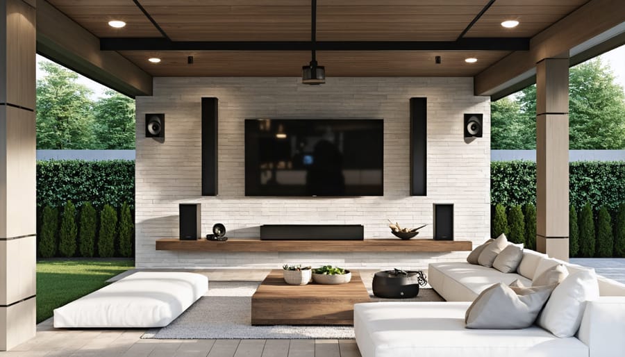 Weather-resistant outdoor television and speaker system installed in a luxury patio setting