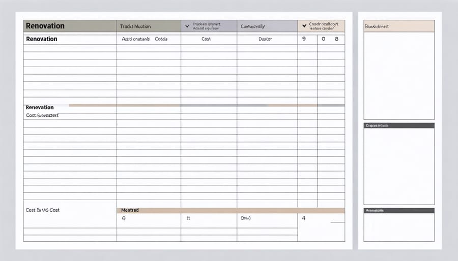 Detailed renovation budget tracking spreadsheet with expense categories