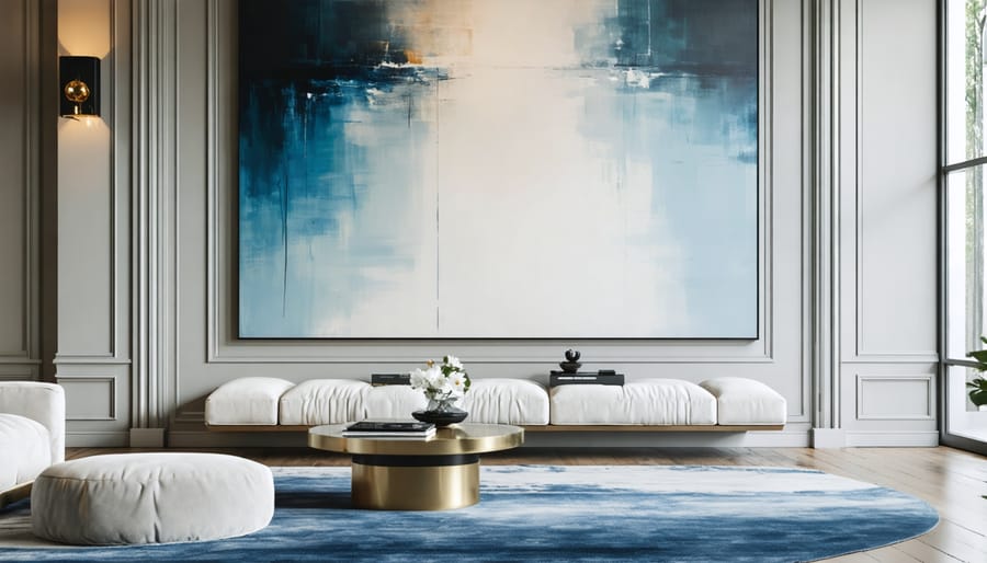 Large abstract canvas painting mounted above a slim console table, demonstrating scale juxtaposition