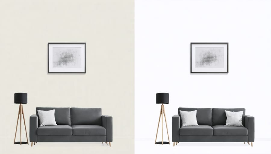 Before and after comparison demonstrating correct and incorrect furniture scaling in interior design