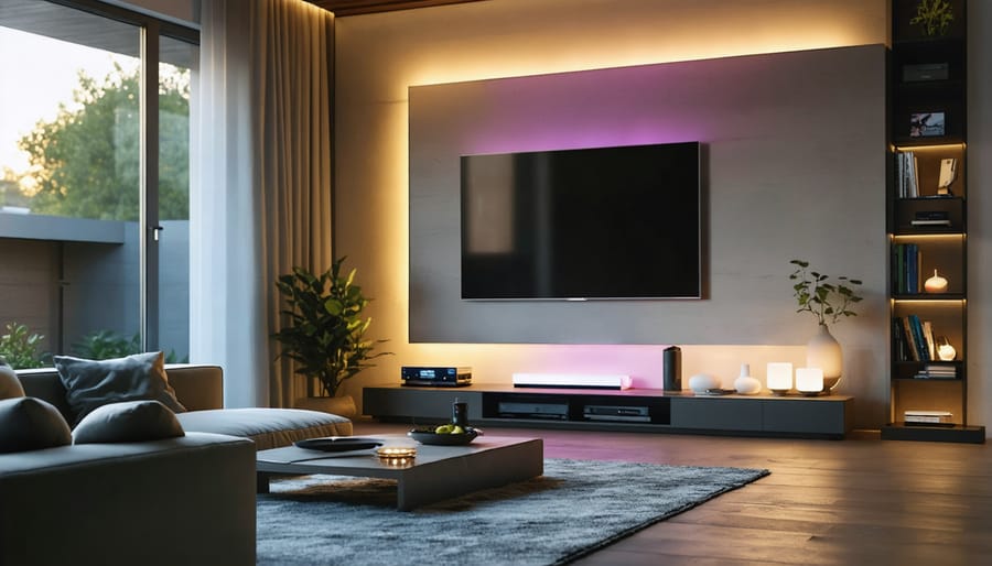 Smart living room with voice-controlled ambient lighting showing multiple color zones and mood lighting