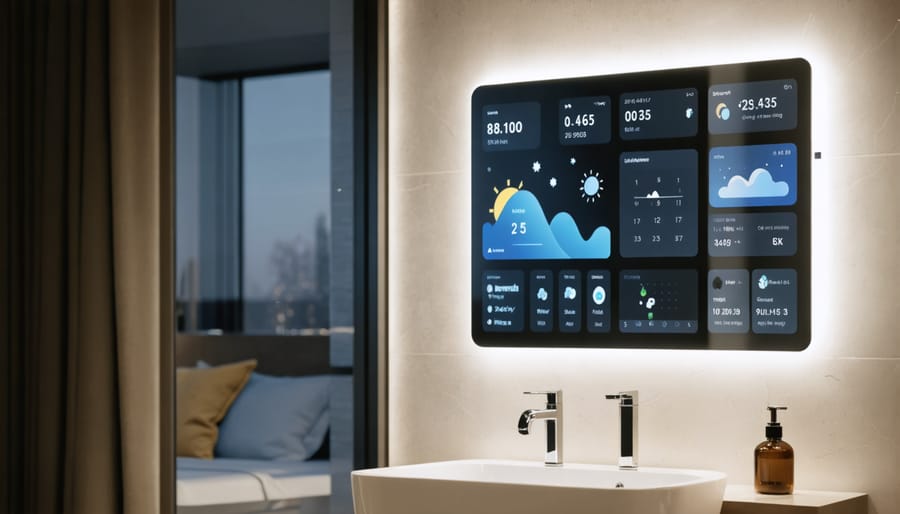 Modern bathroom smart mirror displaying digital information and ambient lighting