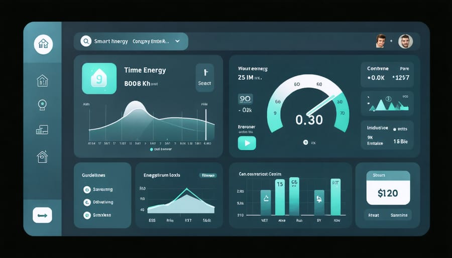 Digital interface displaying home energy usage statistics, temperature controls, and power consumption graphs