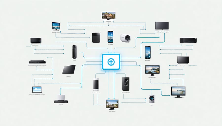 Visual diagram of smart home devices connected to a central hub or smartphone