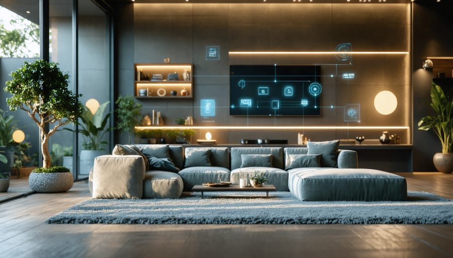 Smart living room featuring automated lighting systems and motion sensors in action