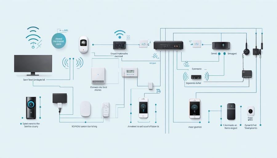 Network diagram showing how AI security cameras, sensors, and smart devices connect in a home security system