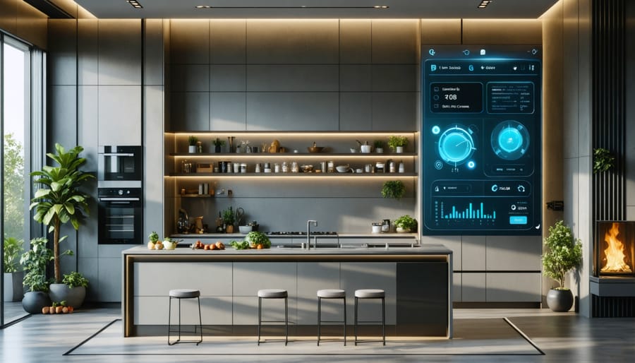 Connected kitchen featuring smart coffee maker, automated blinds, and central control display