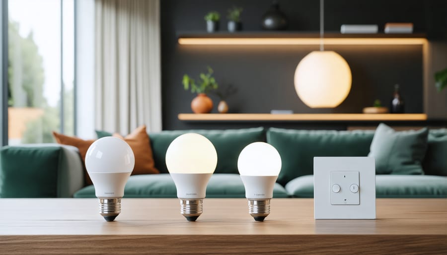 Comparison of smart bulbs and smart light switches installed in a contemporary living room