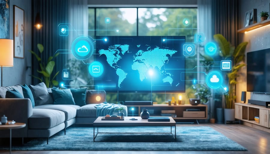 Smart living room setup with labeled smart devices and their functions