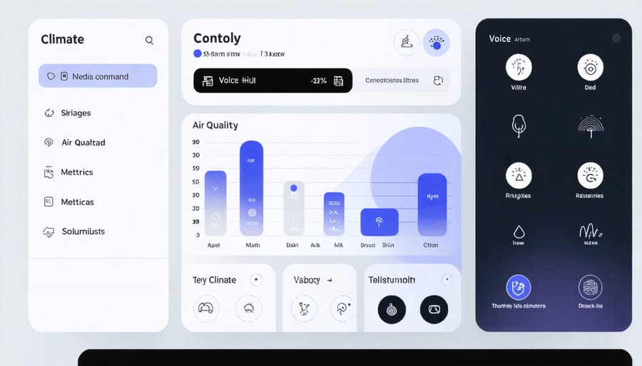 Digital dashboard displaying smart home office environmental controls and voice assistant interface