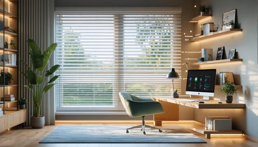 Home office workspace with integrated smart lighting system showing multiple lighting zones and automated blinds