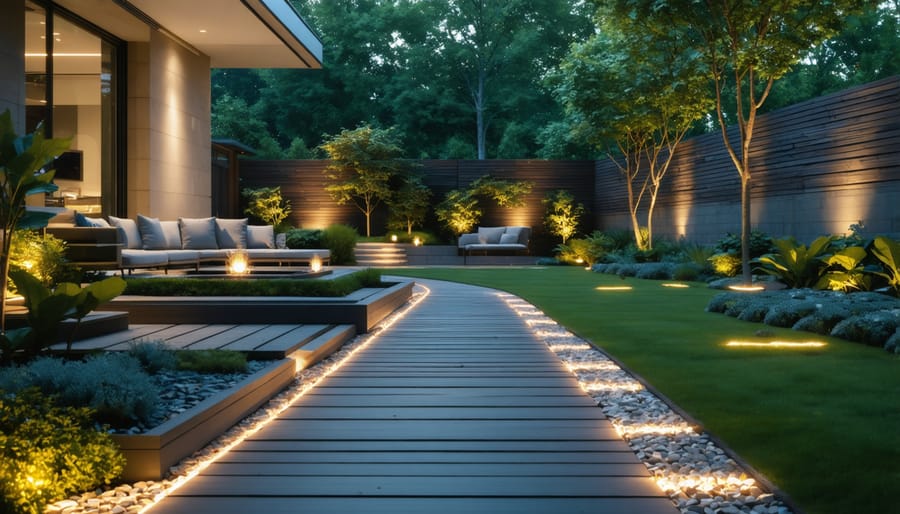 Smart outdoor lighting system featuring pathway lights and mood lighting in a landscaped garden