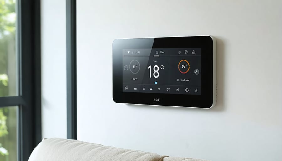 Smart thermostat with digital display showing temperature settings and energy consumption graphs