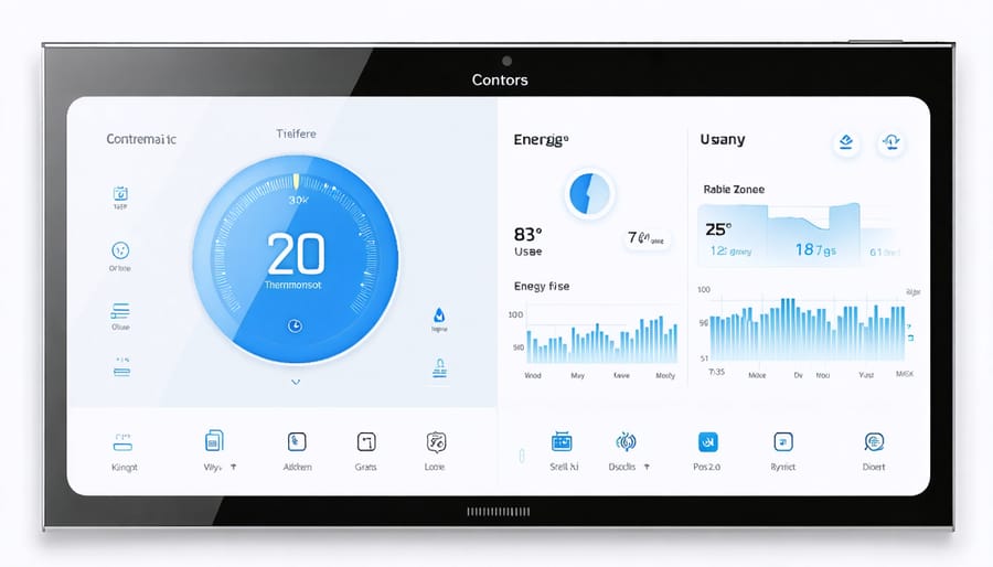 Digital smart thermostat display with zone-based temperature controls and energy monitoring