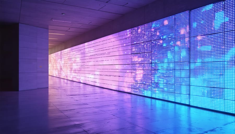 Person interacting with color-changing LED wall panel installation