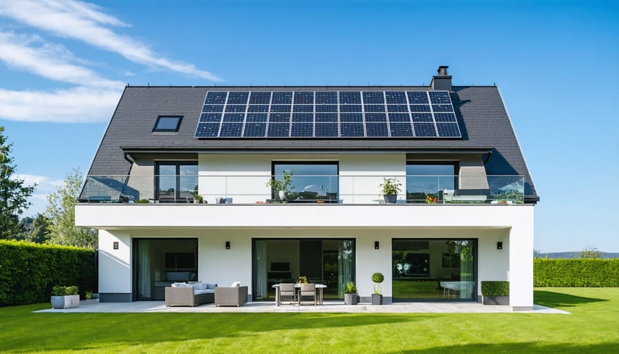 Residential house featuring roof-mounted solar panels and visible Tesla Powerwall installation