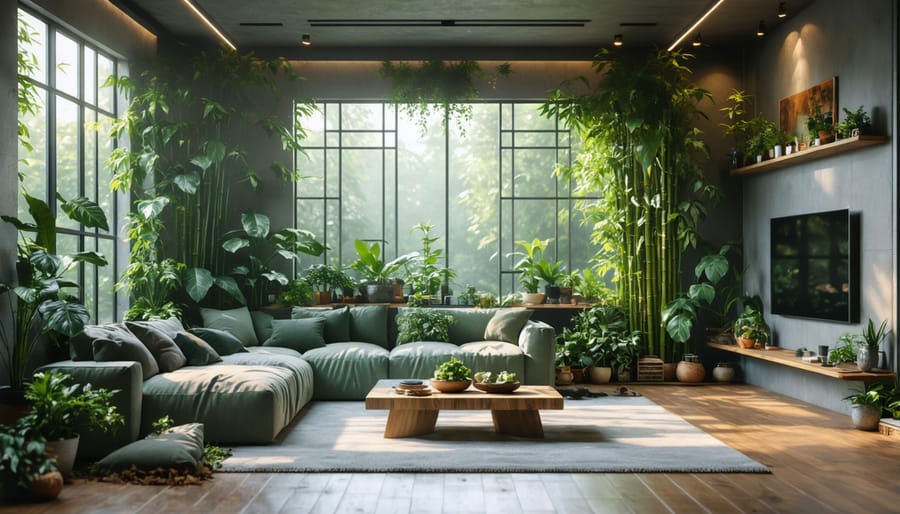 Bright, eco-friendly living room with biophilic design elements including indoor plants and sustainable materials