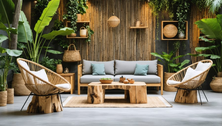 Display of eco-friendly furniture showcasing various sustainable materials