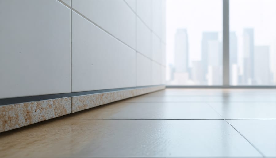 Close-up photograph of an uneven threshold between hardwood and tile flooring