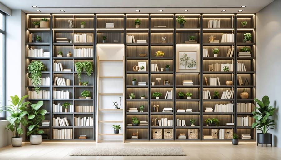 Vertical storage solution utilizing full wall height with modular shelving system