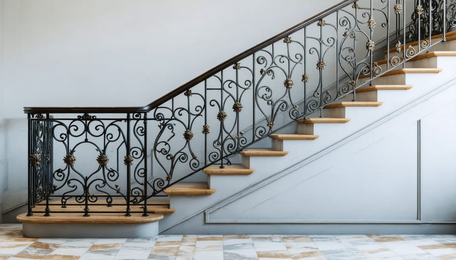 Detailed black wrought iron stair railing featuring decorative spiral and floral patterns in Victorian style