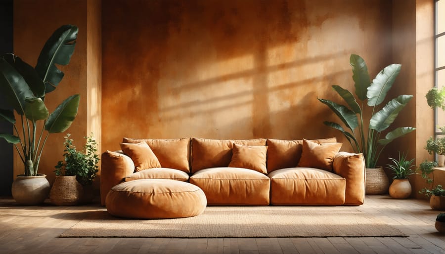 Modern living room with terracotta-colored walls showcasing natural lighting and contemporary furniture