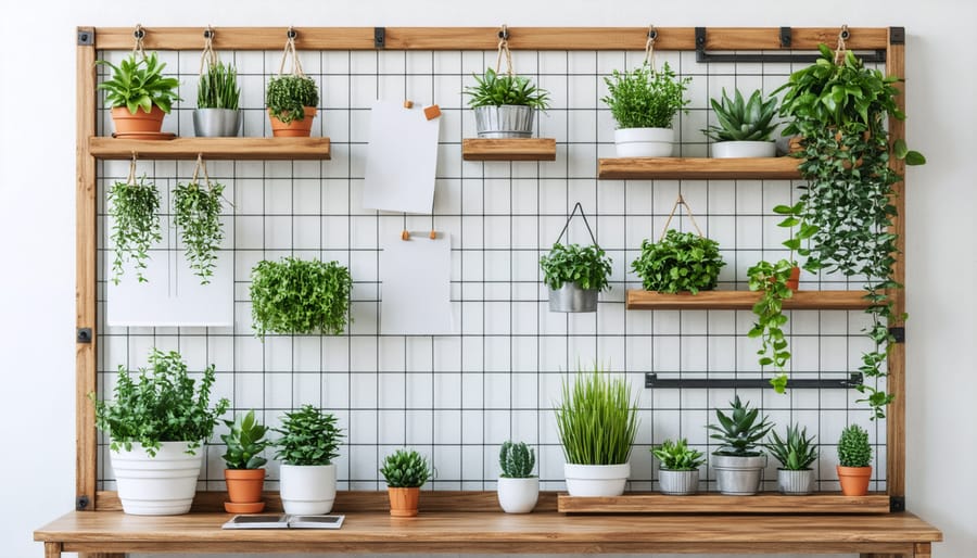 Industrial-style desk divider with wire mesh and integrated storage solutions