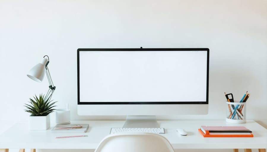 Clean desk workspace featuring integrated wireless charging and organized cable management solutions