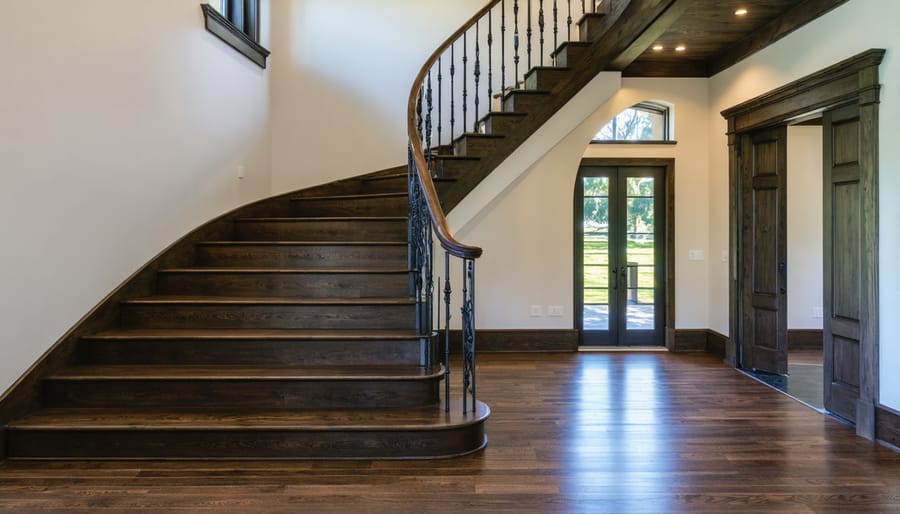 Contemporary staircase design featuring a combination of polished wooden handrail and black wrought iron balusters