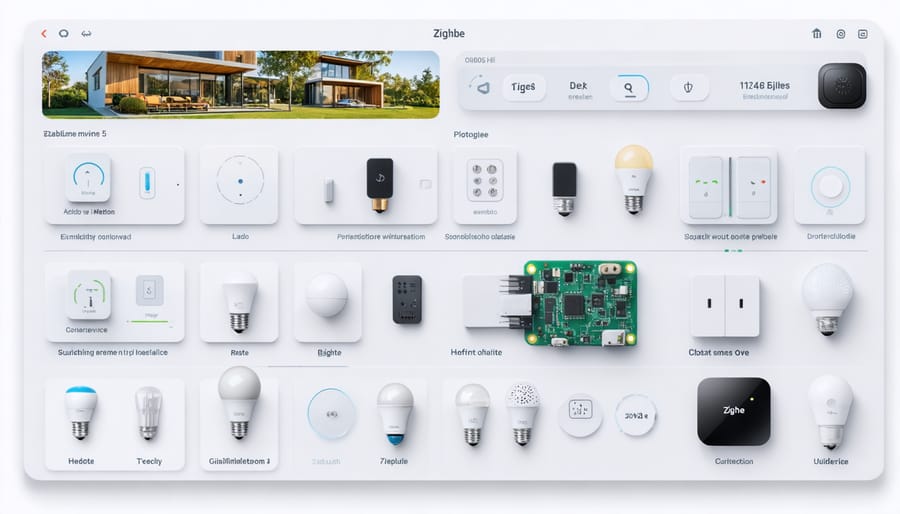 Smartphone screen displaying Zigbee smart home control interface with lighting, climate, and security controls