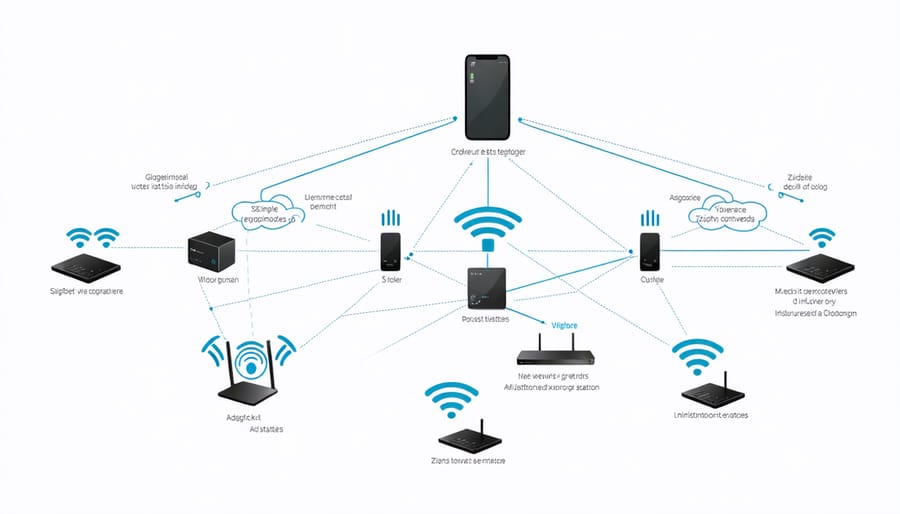 Illustration of Zigbee mesh network showing interconnected smart home devices and signal paths