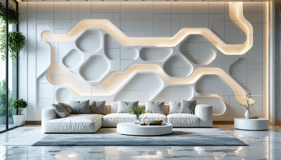 Contemporary living room wall with white geometric 3D panels creating dramatic shadows and texture