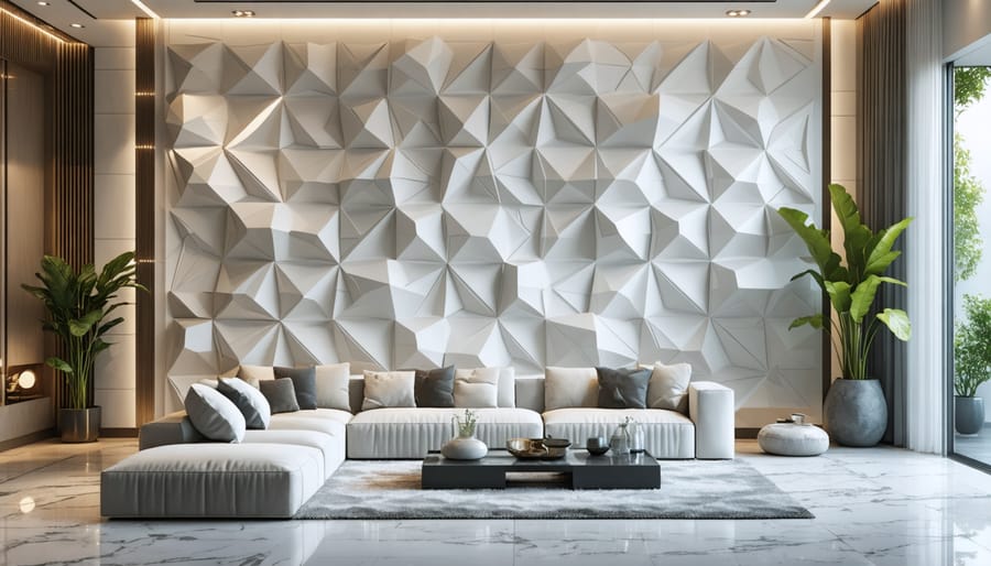 White geometric 3D wall panels creating a striking feature wall in a minimalist living room