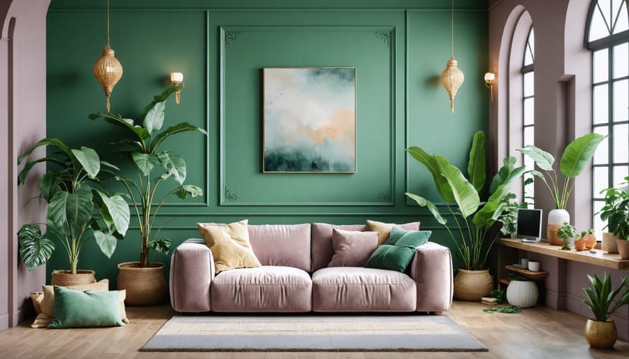 Modern living room showcasing classic 90s color palette with hunter green walls and mauve accessories