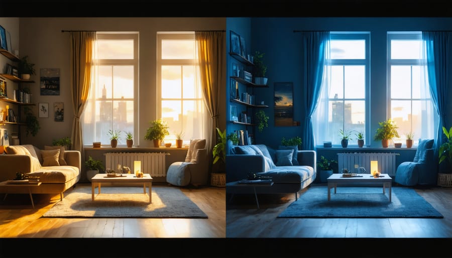 Before and after comparison of an adaptive living room adjusting its layout and lighting for different times of day