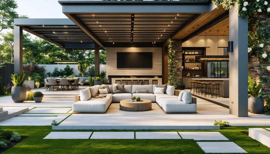 Luxury outdoor patio with automated pergola and weatherproof furniture