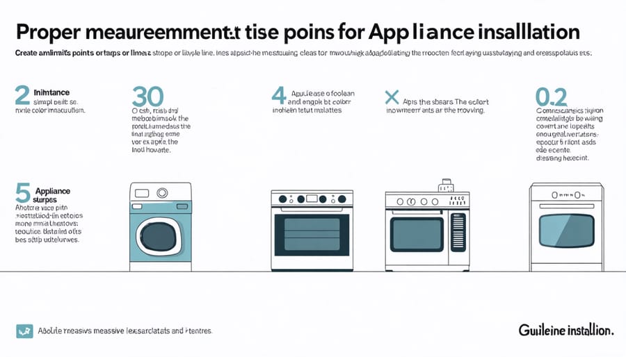 Diagram illustrating key measurement points for refrigerator, washer, and dishwasher installation