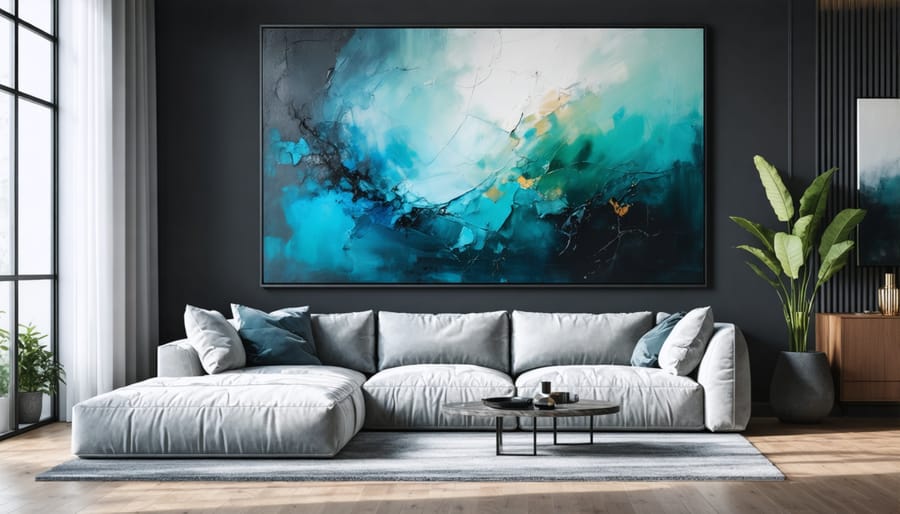 Modern living room interior with large abstract artwork creating a focal point above furniture