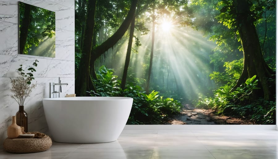 Luxury bathroom with floor-to-ceiling waterproof tropical forest mural on accent wall